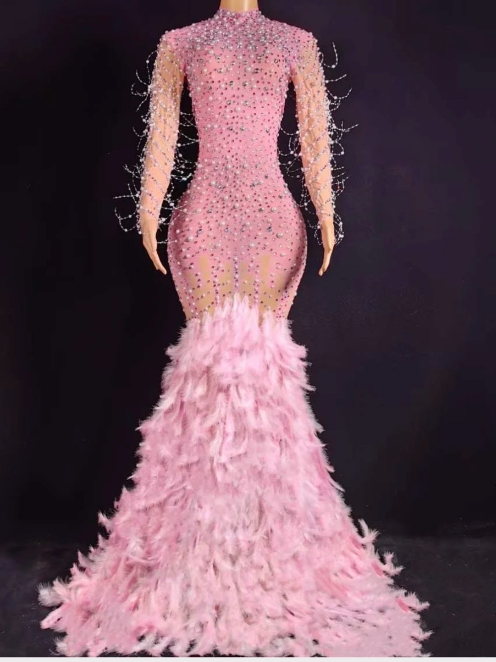 Blush Pink Feather & Pearl Embellished Evening Gown